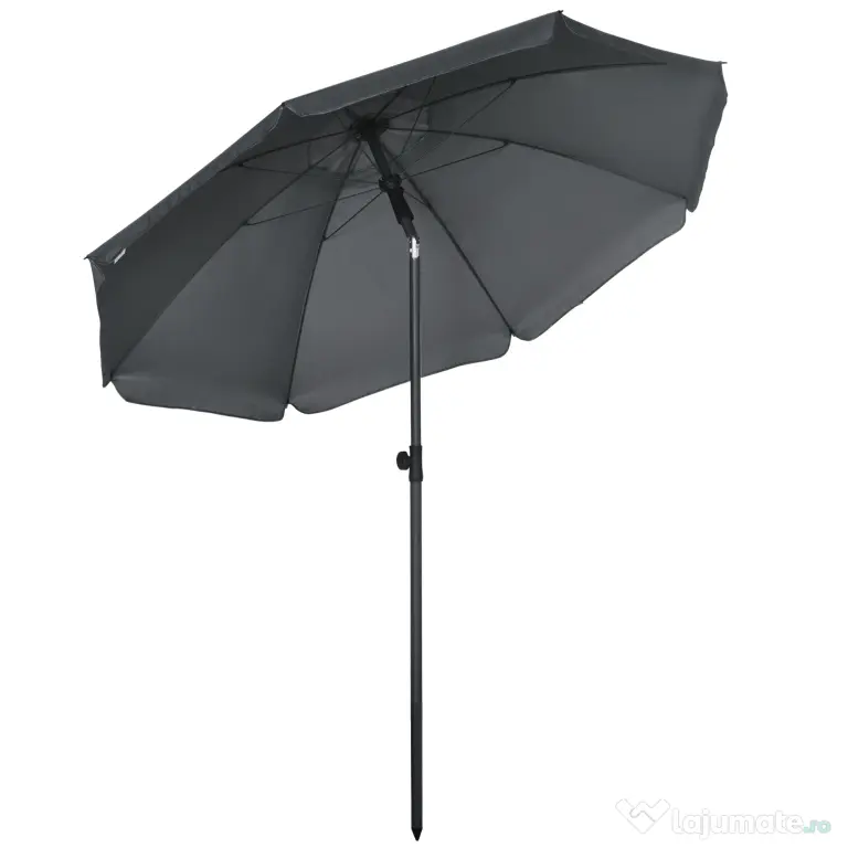 Outsunny Umbrela de soare pentru plaja din Poliester si Otel cu 8 Nervuri, cu Tetiera care se Inclina la 45° si Design in 2 Sectiuni, Ø180x209 cm, Gri