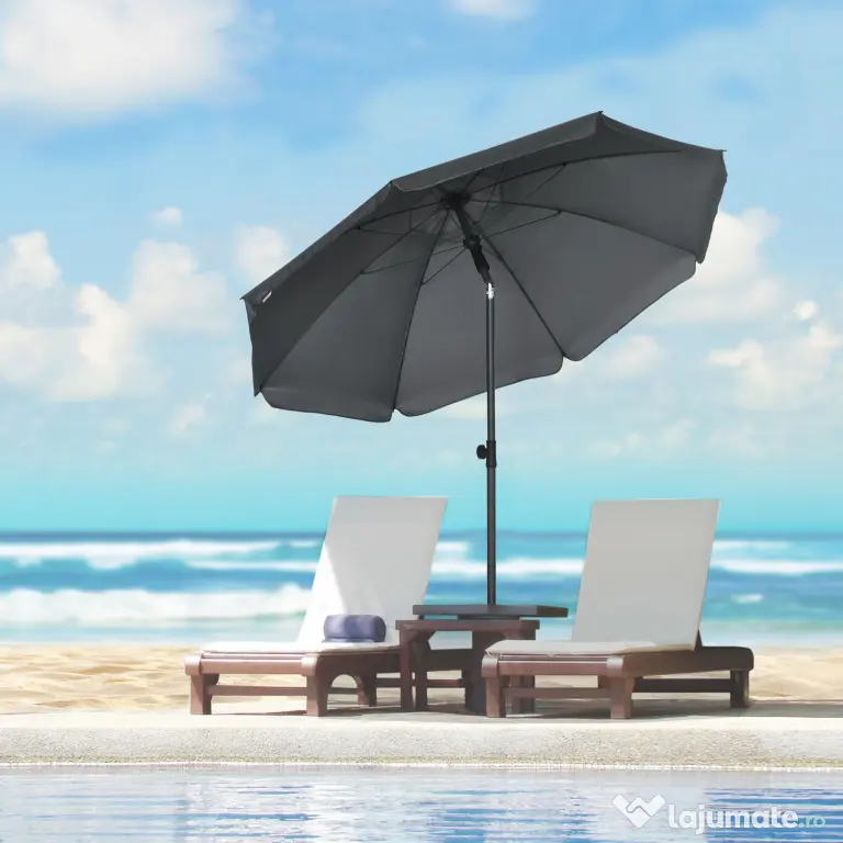 Outsunny Umbrela de soare pentru plaja din Poliester si Otel cu 8 Nervuri, cu Tetiera care se Inclina la 45° si Design in 2 Sectiuni, Ø180x209 cm, Gri