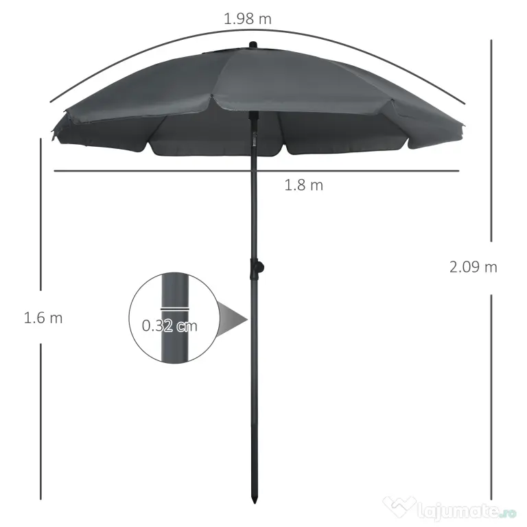 Outsunny Umbrela de soare pentru plaja din Poliester si Otel cu 8 Nervuri, cu Tetiera care se Inclina la 45° si Design in 2 Sectiuni, Ø180x209 cm, Gri