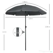 Outsunny Umbrela de soare pentru plaja din Poliester si Otel cu 8 Nervuri, cu Tetiera care se Inclina la 45° si Design in 2 Sectiuni, Ø180x209 cm, Gri