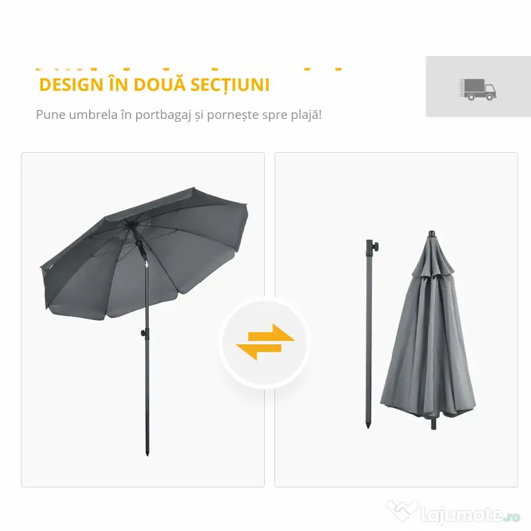Outsunny Umbrela de soare pentru plaja din Poliester si Otel cu 8 Nervuri, cu Tetiera care se Inclina la 45° si Design in 2 Sectiuni, Ø180x209 cm, Gri