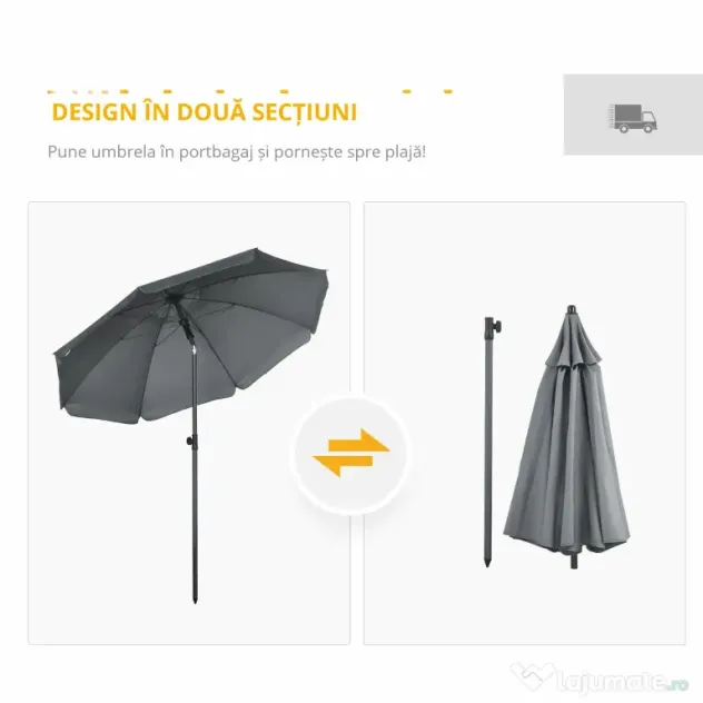 Outsunny Umbrela de soare pentru plaja din Poliester si Otel cu 8 Nervuri, cu Tetiera care se Inclina la 45° si Design in 2 Sectiuni, Ø180x209 cm, Gri