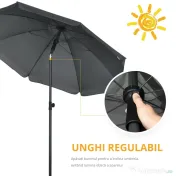 Outsunny Umbrela de soare pentru plaja din Poliester si Otel cu 8 Nervuri, cu Tetiera care se Inclina la 45° si Design in 2 Sectiuni, Ø180x209 cm, Gri