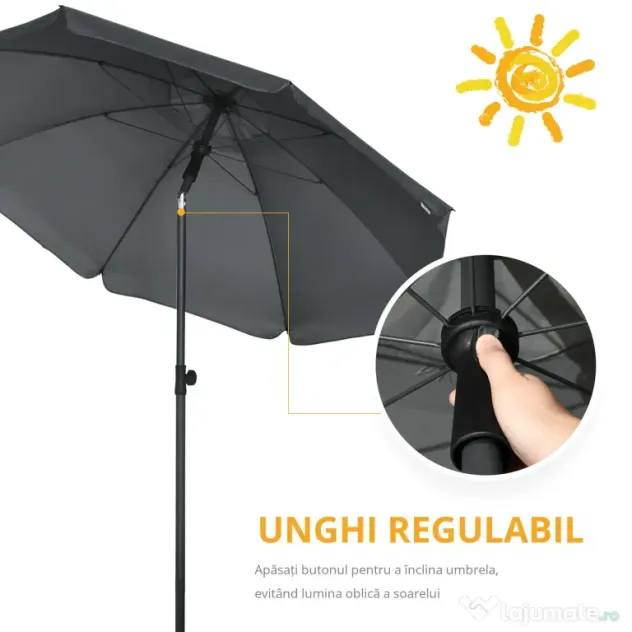 Outsunny Umbrela de soare pentru plaja din Poliester si Otel cu 8 Nervuri, cu Tetiera care se Inclina la 45° si Design in 2 Sectiuni, Ø180x209 cm, Gri