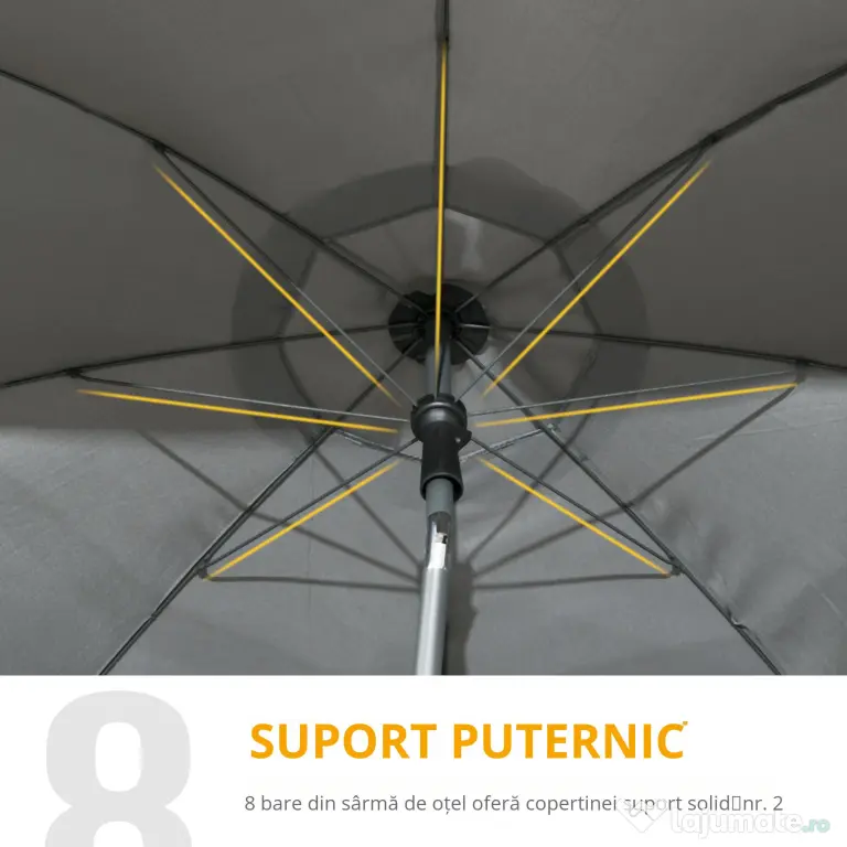 Outsunny Umbrela de soare pentru plaja din Poliester si Otel cu 8 Nervuri, cu Tetiera care se Inclina la 45° si Design in 2 Sectiuni, Ø180x209 cm, Gri