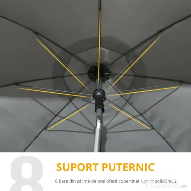 Outsunny Umbrela de soare pentru plaja din Poliester si Otel cu 8 Nervuri, cu Tetiera care se Inclina la 45° si Design in 2 Sectiuni, Ø180x209 cm, Gri