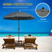 Outsunny Umbrela de soare pentru plaja din Poliester si Otel cu 8 Nervuri, cu Tetiera care se Inclina la 45° si Design in 2 Sectiuni, Ø180x209 cm, Gri