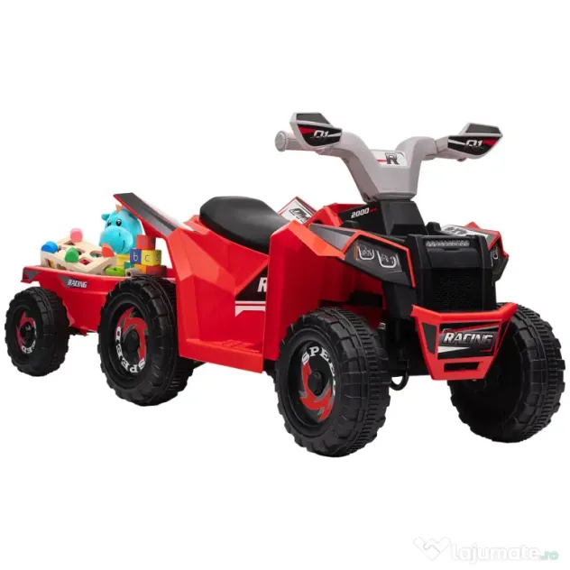HOMCOM Quad Electric pentru Copii cu Remorcă, Pedală, Mers Înainte și Înapoi, 2,5 km/h, 18-36 Luni, Roșu