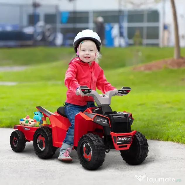 HOMCOM Quad Electric pentru Copii cu Remorcă, Pedală, Mers Înainte și Înapoi, 2,5 km/h, 18-36 Luni, Roșu