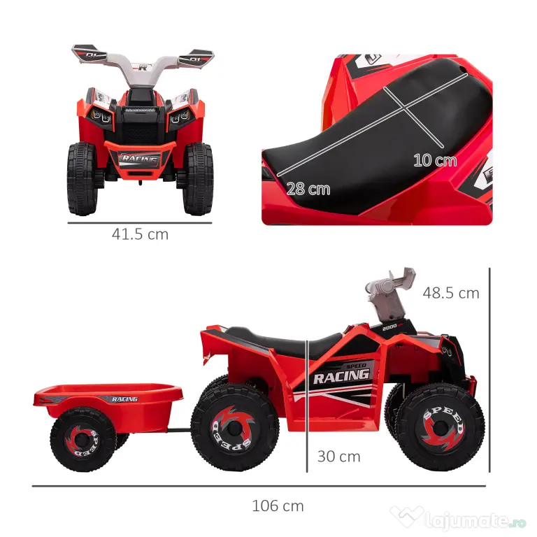 HOMCOM Quad Electric pentru Copii cu Remorcă, Pedală, Mers Înainte și Înapoi, 2,5 km/h, 18-36 Luni, Roșu