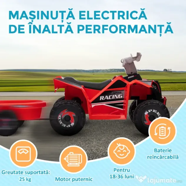 HOMCOM Quad Electric pentru Copii cu Remorcă, Pedală, Mers Înainte și Înapoi, 2,5 km/h, 18-36 Luni, Roșu