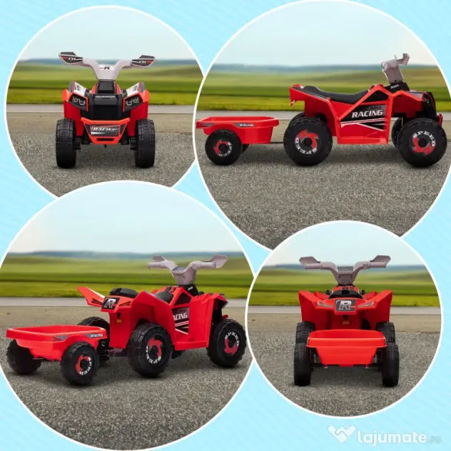 HOMCOM Quad Electric pentru Copii cu Remorcă, Pedală, Mers Înainte și Înapoi, 2,5 km/h, 18-36 Luni, Roșu