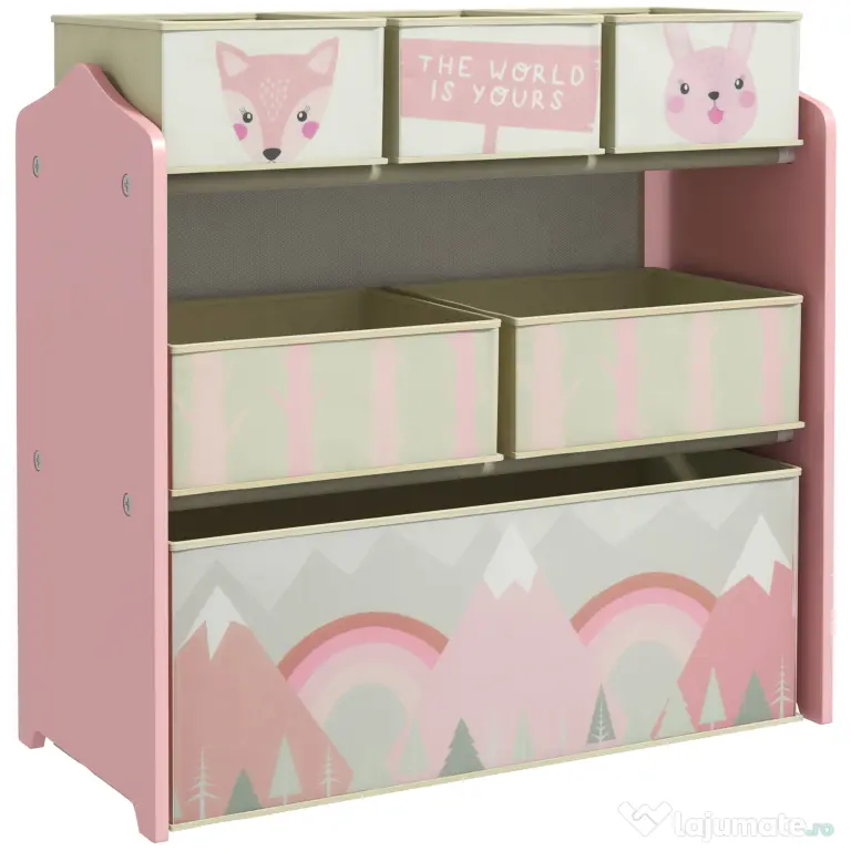 Raft mobil ZONEKIZ pentru jucării cu 6 containere detașabile din material textil, 63x30x66cm, de culoare roz