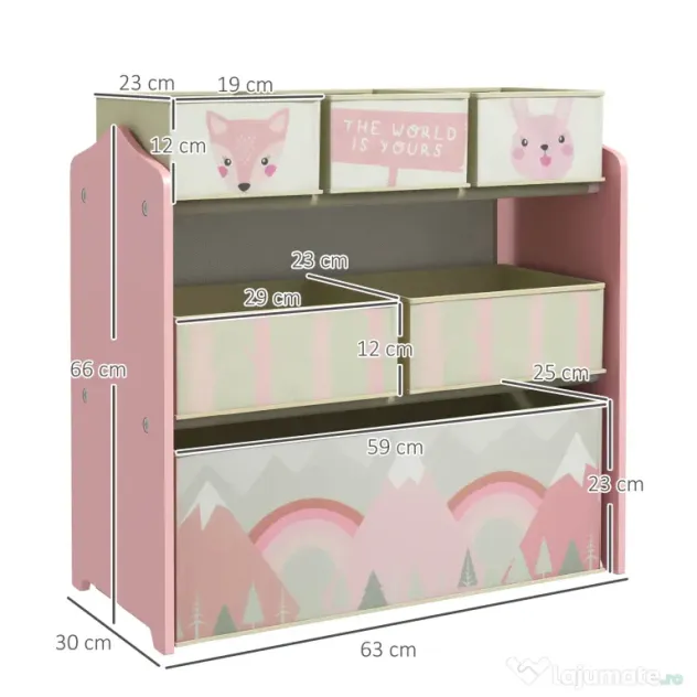 Raft mobil ZONEKIZ pentru jucării cu 6 containere detașabile din material textil, 63x30x66cm, de culoare roz
