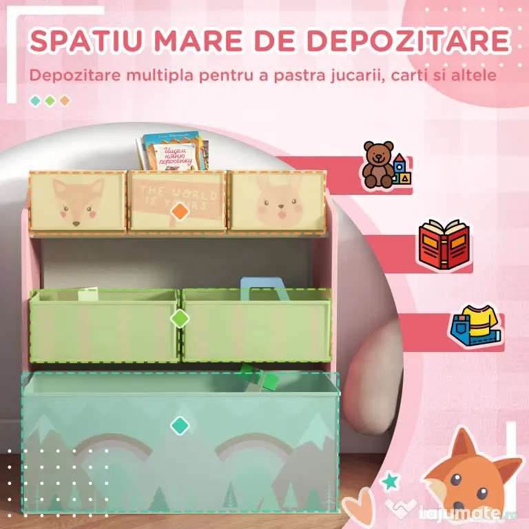 Raft mobil ZONEKIZ pentru jucării cu 6 containere detașabile din material textil, 63x30x66cm, de culoare roz