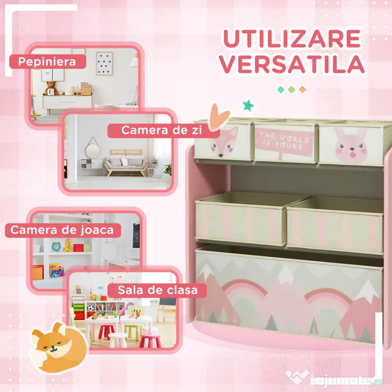 Raft mobil ZONEKIZ pentru jucării cu 6 containere detașabile din material textil, 63x30x66cm, de culoare roz