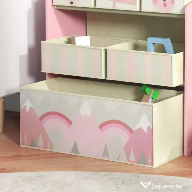 Raft mobil ZONEKIZ pentru jucării cu 6 containere detașabile din material textil, 63x30x66cm, de culoare roz