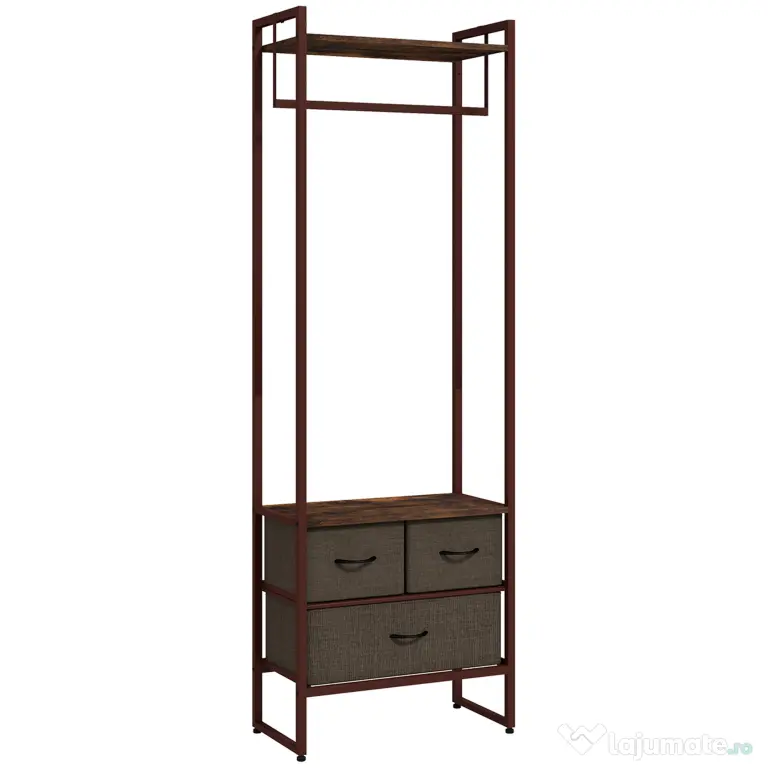 HOMCOM Cuier de Podea cu Bară, 3 Sertare și Rafturi, din Lemn MDF și Oțel, 58,5x30x178 cm, Maro