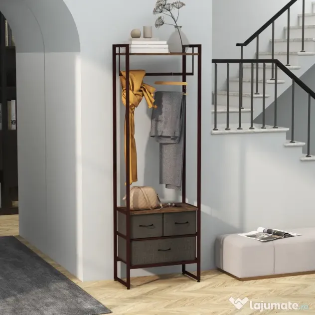 HOMCOM Cuier de Podea cu Bară, 3 Sertare și Rafturi, din Lemn MDF și Oțel, 58,5x30x178 cm, Maro