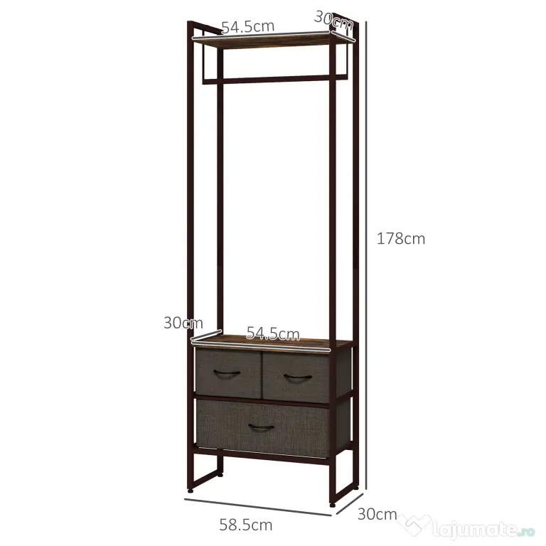 HOMCOM Cuier de Podea cu Bară, 3 Sertare și Rafturi, din Lemn MDF și Oțel, 58,5x30x178 cm, Maro