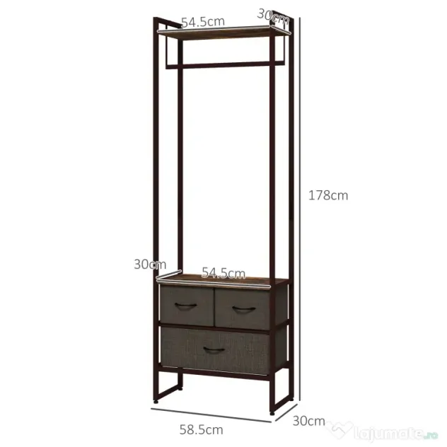 HOMCOM Cuier de Podea cu Bară, 3 Sertare și Rafturi, din Lemn MDF și Oțel, 58,5x30x178 cm, Maro