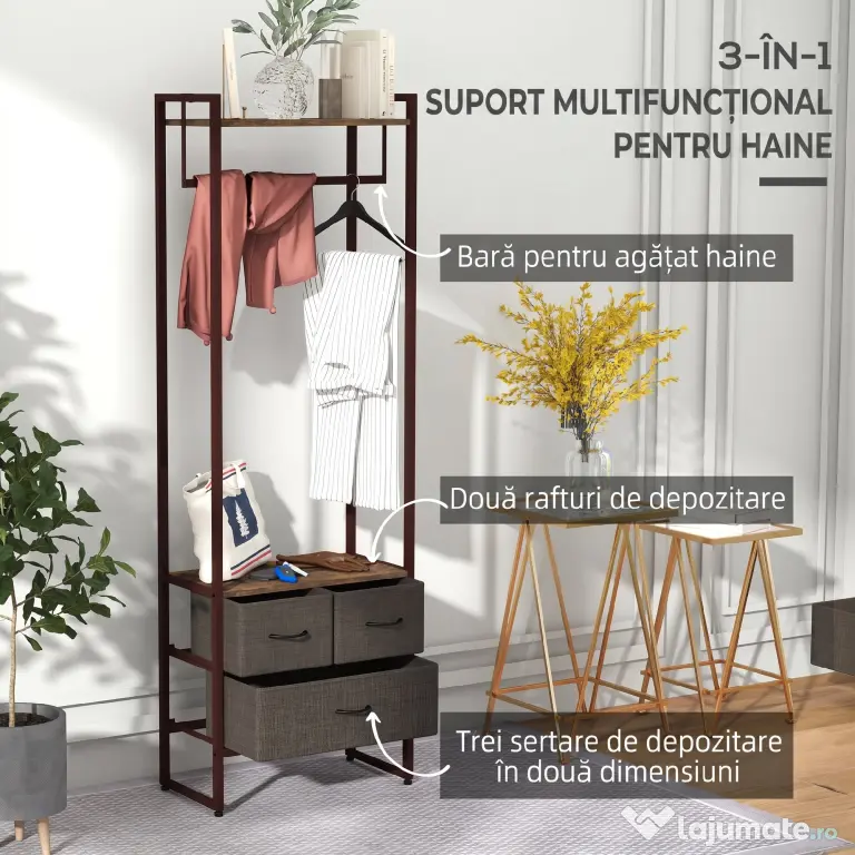 HOMCOM Cuier de Podea cu Bară, 3 Sertare și Rafturi, din Lemn MDF și Oțel, 58,5x30x178 cm, Maro