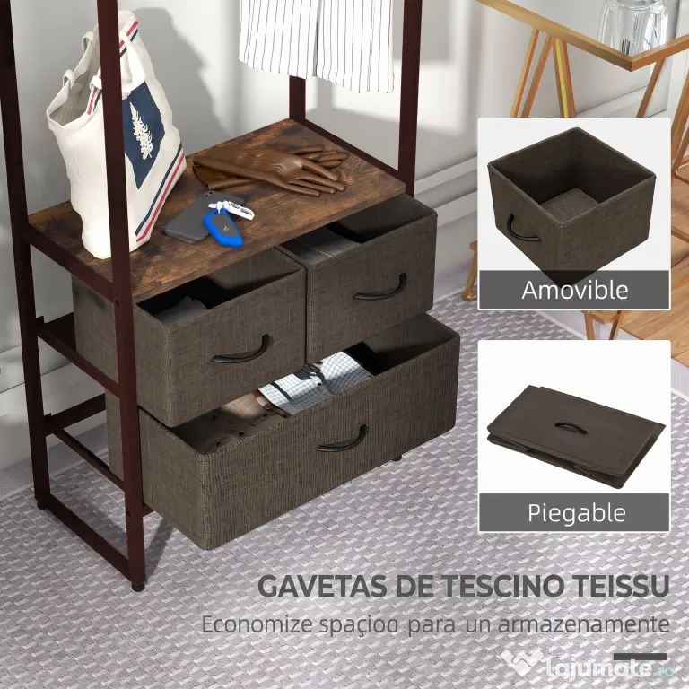 HOMCOM Cuier de Podea cu Bară, 3 Sertare și Rafturi, din Lemn MDF și Oțel, 58,5x30x178 cm, Maro