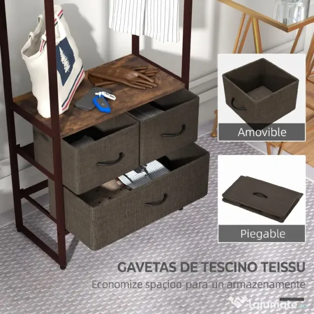 HOMCOM Cuier de Podea cu Bară, 3 Sertare și Rafturi, din Lemn MDF și Oțel, 58,5x30x178 cm, Maro