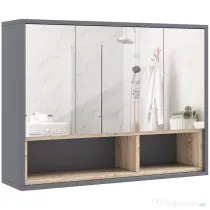 HOMCOM Dulap Baie cu Oglindă, 3 Uși, 8 Compartimente și Uși cu Amortizare, 80x20x60 cm, Gri
