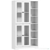 HOMCOM Bufet Bucătărie Înalt, Dulap Dispensa cu 4 Uși din Sticlă Soft-Close, 6 Rafturi Deschise, Rafturi Reglabile, Alb