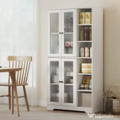HOMCOM Bufet Bucătărie Înalt, Dulap Dispensa cu 4 Uși din Sticlă Soft-Close, 6 Rafturi Deschise, Rafturi Reglabile, Alb