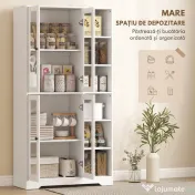 HOMCOM Bufet Bucătărie Înalt, Dulap Dispensa cu 4 Uși din Sticlă Soft-Close, 6 Rafturi Deschise, Rafturi Reglabile, Alb
