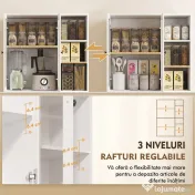 HOMCOM Bufet Bucătărie Înalt, Dulap Dispensa cu 4 Uși din Sticlă Soft-Close, 6 Rafturi Deschise, Rafturi Reglabile, Alb