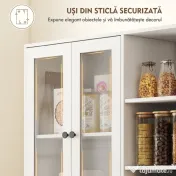 HOMCOM Bufet Bucătărie Înalt, Dulap Dispensa cu 4 Uși din Sticlă Soft-Close, 6 Rafturi Deschise, Rafturi Reglabile, Alb