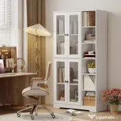 HOMCOM Bufet Bucătărie Înalt, Dulap Dispensa cu 4 Uși din Sticlă Soft-Close, 6 Rafturi Deschise, Rafturi Reglabile, Alb