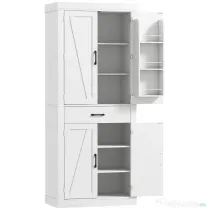 HOMCOM Dulap de Bucătărie Rustic cu 2 Dulapuri, 6 Rafturi și Sertar, din Lemn, 76x39.5x183.5 cm, Alb