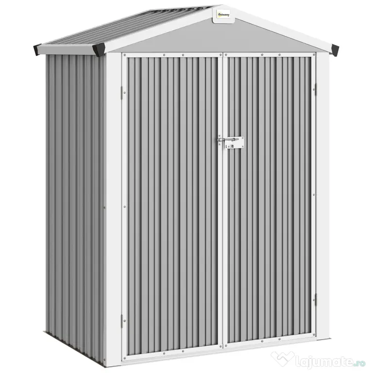 Outsunny Căsuță de Grădină din Oțel 1,1m² cu Uși Duble Blocabile, 133x87x178 cm, Gri Argintiu