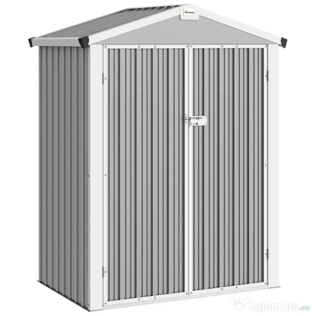 Outsunny Căsuță de Grădină din Oțel 1,1m² cu Uși Duble Blocabile, 133x87x178 cm, Gri Argintiu