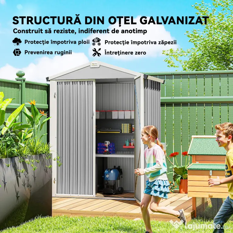 Outsunny Căsuță de Grădină din Oțel 1,1m² cu Uși Duble Blocabile, 133x87x178 cm, Gri Argintiu