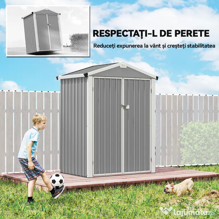 Outsunny Căsuță de Grădină din Oțel 1,1m² cu Uși Duble Blocabile, 133x87x178 cm, Gri Argintiu