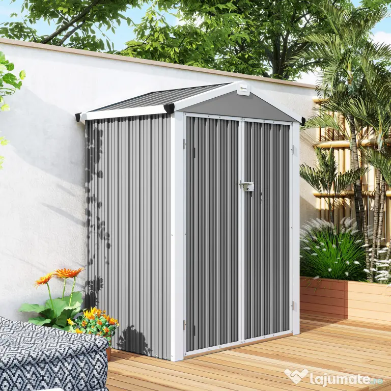 Outsunny Căsuță de Grădină din Oțel 1,1m² cu Uși Duble Blocabile, 133x87x178 cm, Gri Argintiu