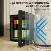 HOMCOM Frigider 46L, 59 Cutii, Ușă din Sticlă, Raft Temperat, LED, Touchscreen, pentru Bucătărie Birou Dormitor Bar, Negru 