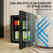 HOMCOM Frigider 46L, 59 Cutii, Ușă din Sticlă, Raft Temperat, LED, Touchscreen, pentru Bucătărie Birou Dormitor Bar, Negru 
