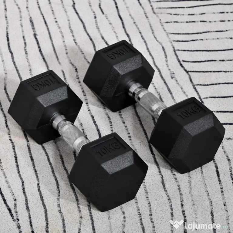 HOMCOM Set 2 gantere hexagonale de 10kg din metal si cauciuc pentru antrenamente acasa si la birou, negru