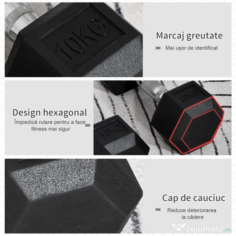 HOMCOM Set 2 gantere hexagonale de 10kg din metal si cauciuc pentru antrenamente acasa si la birou, negru