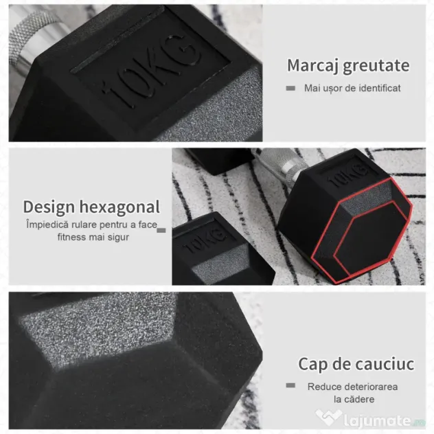 HOMCOM Set 2 gantere hexagonale de 10kg din metal si cauciuc pentru antrenamente acasa si la birou, negru