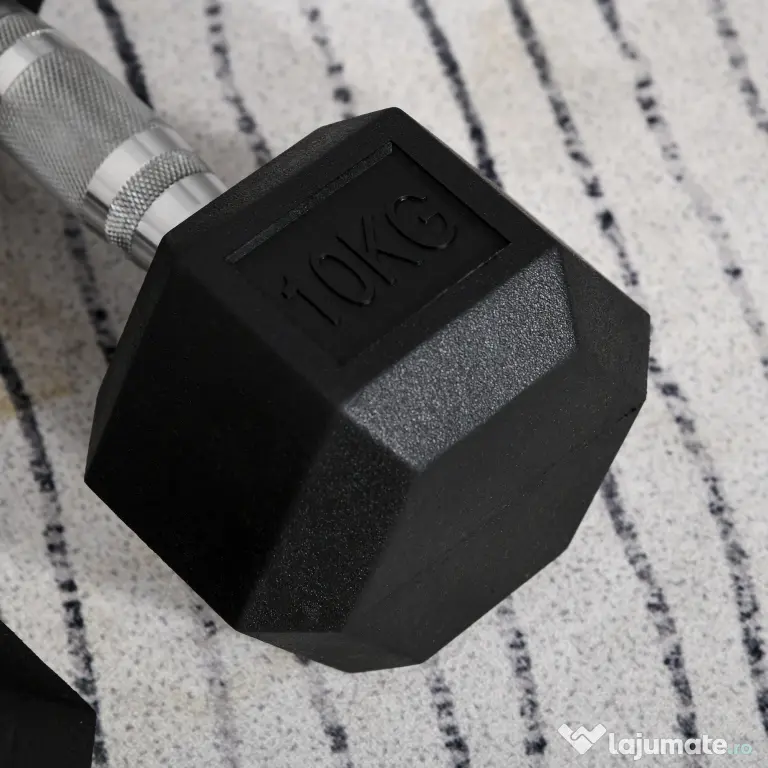 HOMCOM Set 2 gantere hexagonale de 10kg din metal si cauciuc pentru antrenamente acasa si la birou, negru