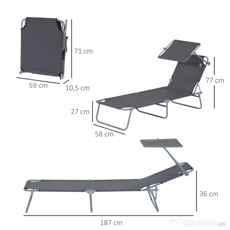 Outsunny scaun cu parasolar, 187x58x50 cm, gri