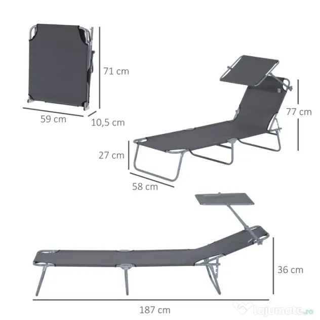 Outsunny scaun cu parasolar, 187x58x50 cm, gri