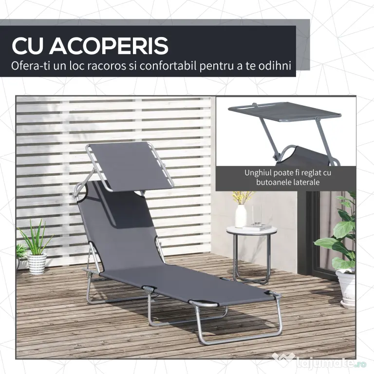 Outsunny scaun cu parasolar, 187x58x50 cm, gri